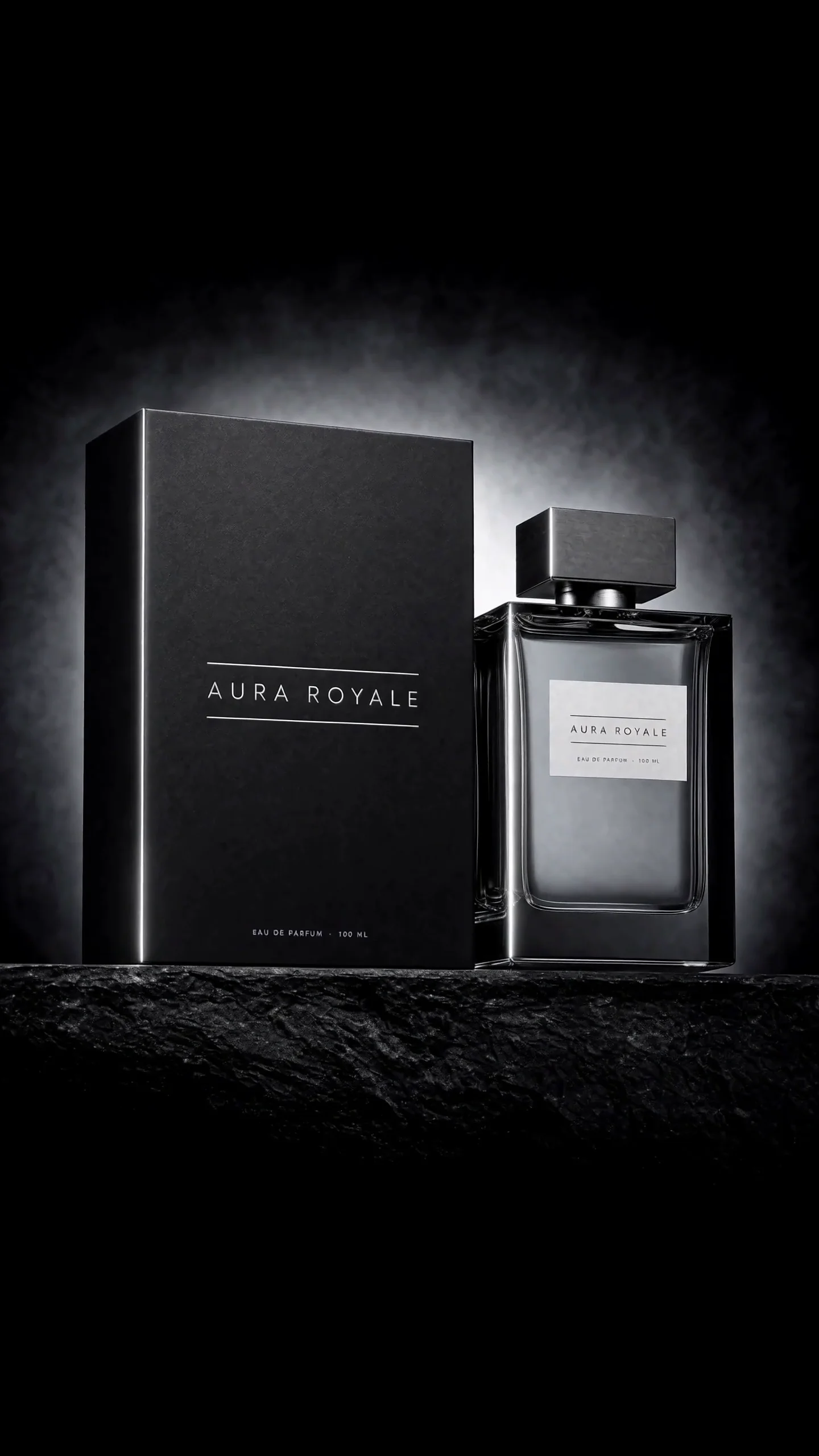 Aura Royale perfume framed by dark liquid and sculptural reflections.