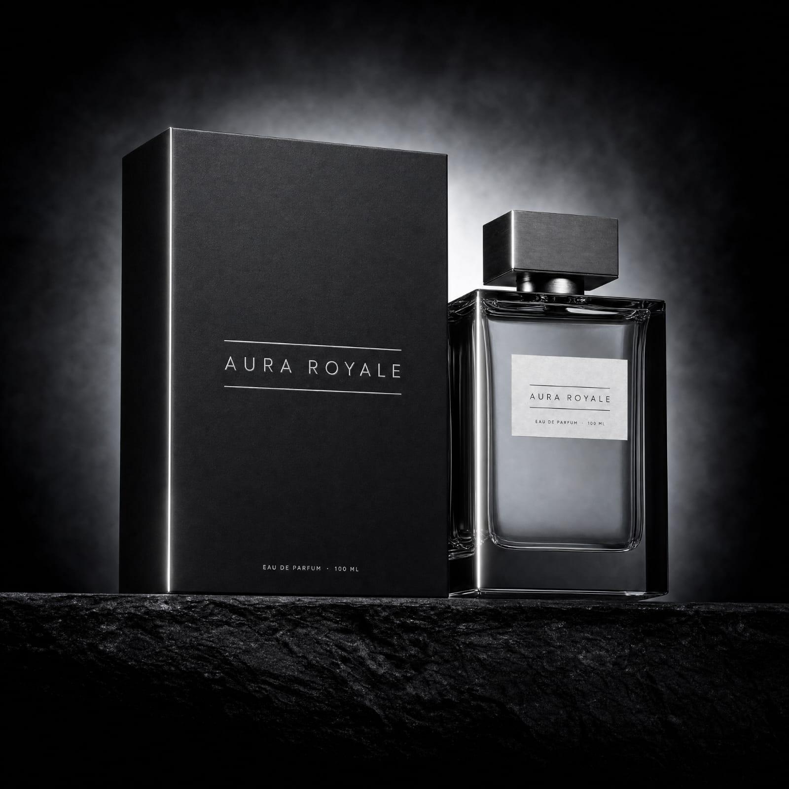 The original Aura Royale bottle and black box on a dark stone surface.
