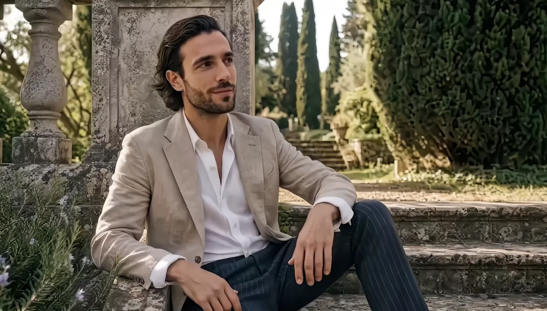 Linen and knitwear in a sunlit Italian villa setting.