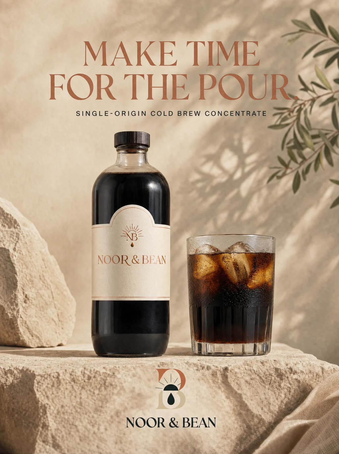 Noor & Bean campaign imagery showing cold brew coffee and the message Make Time for the Pour.